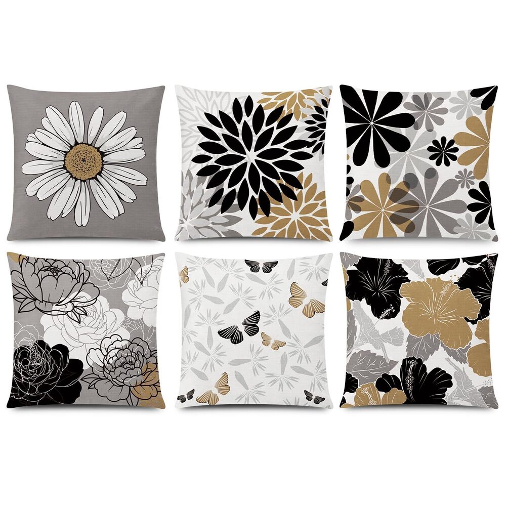 8022 Brown Black Pillow Covers 16x16 Set of 6, Daisy Flower Throw Pillow